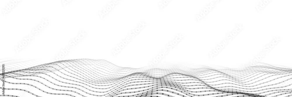 Poster Technology white wave of particles. Big data visualization. Analytics representation. Digital background. Vector illustration.