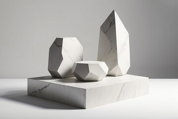 Geometric pedestals or Stone platform mockup on white table for product advertising with copy space