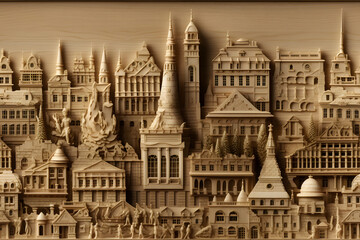 Obraz premium Wooden bauhaus modern city seamless pattern background. Repeating decoration geometry for wall