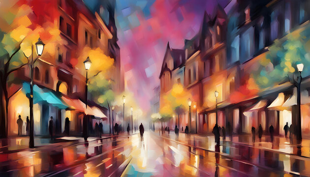 Abstract outdoor background, beautiful cityscape colorful painting in oil paint style.
