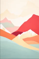 Türaufkleber valentines day mountain landscape pattern in watercolour color block illustration style pastel colours sunset background postcard wallpaper rosy red pink © MaryAnn
