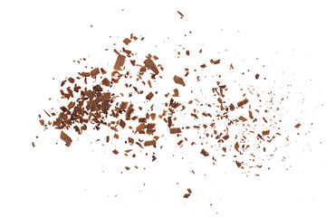 Pile scraped, milled dark chocolate shavings, 70 percent cocoa, isolated on white, top view 
