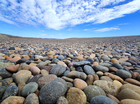 Beach with pebbles in Patagonia, Tierra del Fuego, Argentina in spring