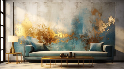 Abstract art canvas with a blend of gold leaf and blue textures creating a luxurious vintage effect