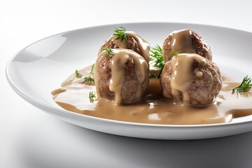 Swedish Meatballs in Bechamel Sauce, Traditional Sweden Meat Balls, Served Roasted Meat Ball Lunch - obrazy, fototapety, plakaty