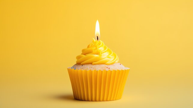 Small yellow colored birthday cake with candle