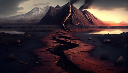 Hot magma pouring from volcano AI generative illustration - obrazy, fototapety, plakaty