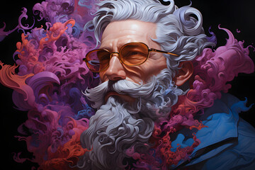 An alchemist, a portrait of a gray-haired, bearded wizard. colorful illustration in purple tones. a male character, an elderly man.