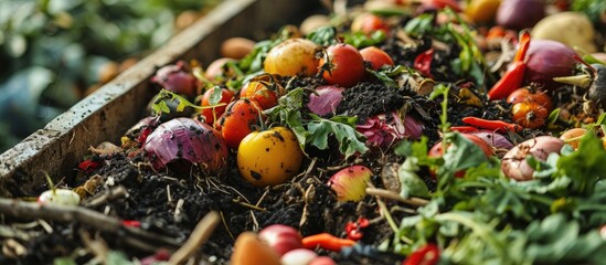 Organic waste mix of vegetables and fruits in large compost container. - obrazy, fototapety, plakaty