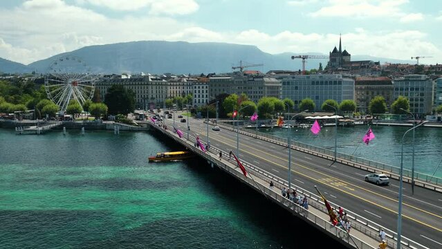 Cloudy day geneva city famous central riverside lake traffic bridge aerial panorama