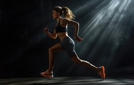 Dramatic photo on dark background running girl athlete in contrasting light