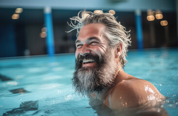 a happy man smiling and talking while swimming in a pool - obrazy, fototapety, plakaty
