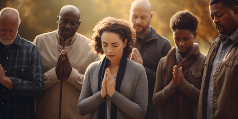 Multiethnic people praying for blessings from god. AI generative - obrazy, fototapety, plakaty