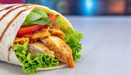 Obraz premium Urban Eatery Chicken Wrap with Spicy Sauce with Copyspace
