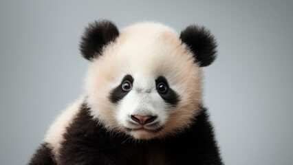 panda, cute bear cub, close-up portrait on a studio gray background.
