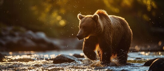 Kamchatka brown bear catching fish at sunset in a river. - obrazy, fototapety, plakaty