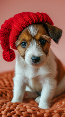 Cute Little Jack Russell Puppy on Peach Fuzz color Blanket, Wearing a Red Knit Cap, Full-Length Portrait Perfect for Smartphone Wallpaper or Screensaver