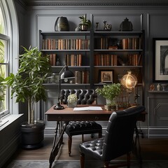 Victorian modern workspace with vintage-inspired furniture and decor