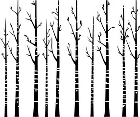 Black and White Vector Birch Tree Silhouette Background with Birds. AI generated illustration. - obrazy, fototapety, plakaty