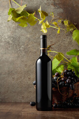 Bottle of red wine with blue grapes and vine branches.