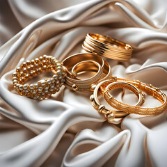 Set of gold bracelets and jewelry on white taffeta velvet