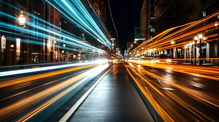 Abstract blurred colorful lighhts background in night city, bokeh shiny blurred glowing street cityscape