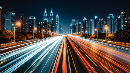 Abstract blurred colorful lighhts background in night city, bokeh shiny blurred glowing street cityscape