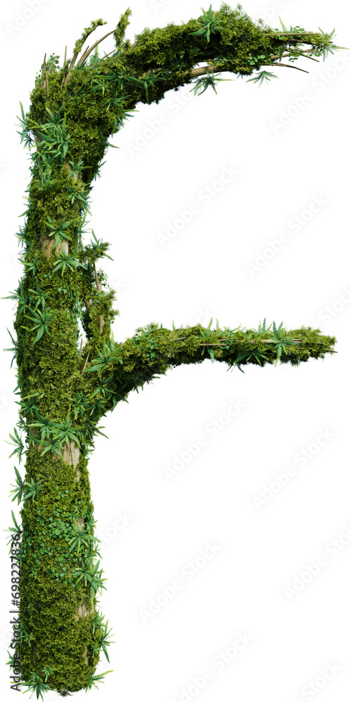 Poster tree-shaped alphabet covered with plant and moss. 3d rendering of isolated objects.