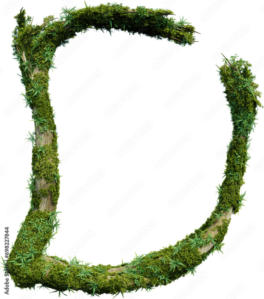 Poster tree-shaped alphabet covered with plant and moss. 3d rendering of isolated objects.