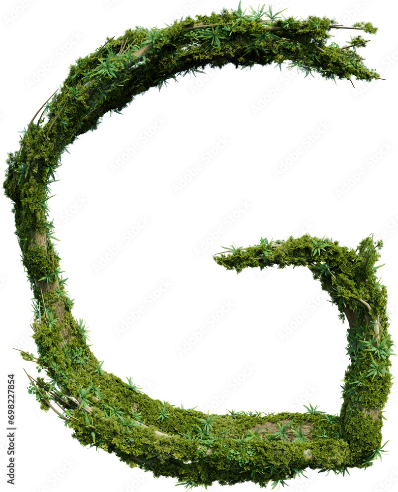 Poster tree-shaped alphabet covered with plant and moss. 3d rendering of isolated objects.