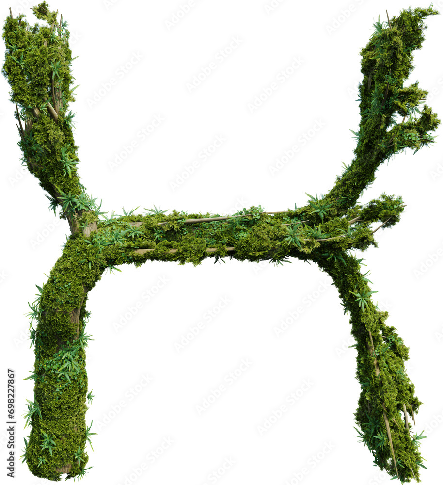 Poster tree-shaped alphabet covered with plant and moss. 3d rendering of isolated objects.