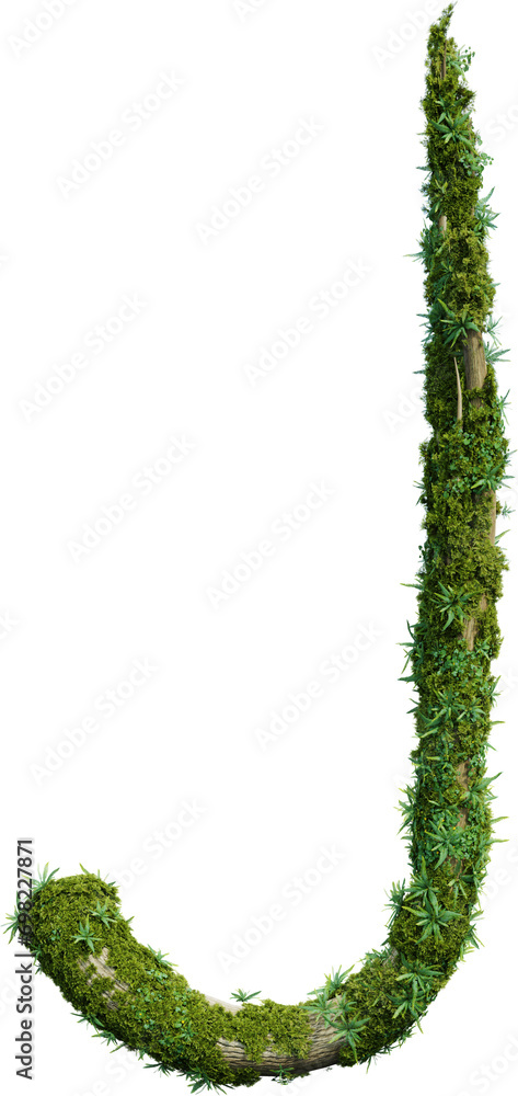 Poster tree-shaped alphabet covered with plant and moss. 3d rendering of isolated objects.