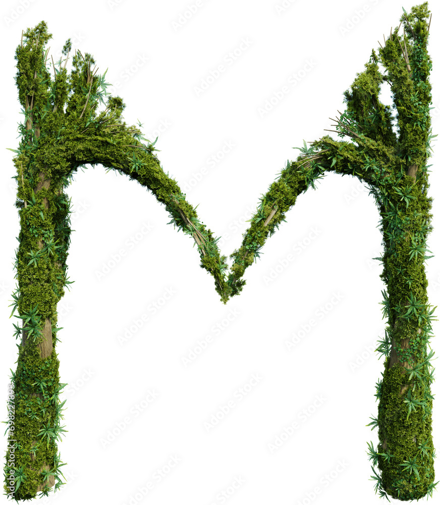 Poster tree-shaped alphabet covered with plant and moss. 3d rendering of isolated objects.