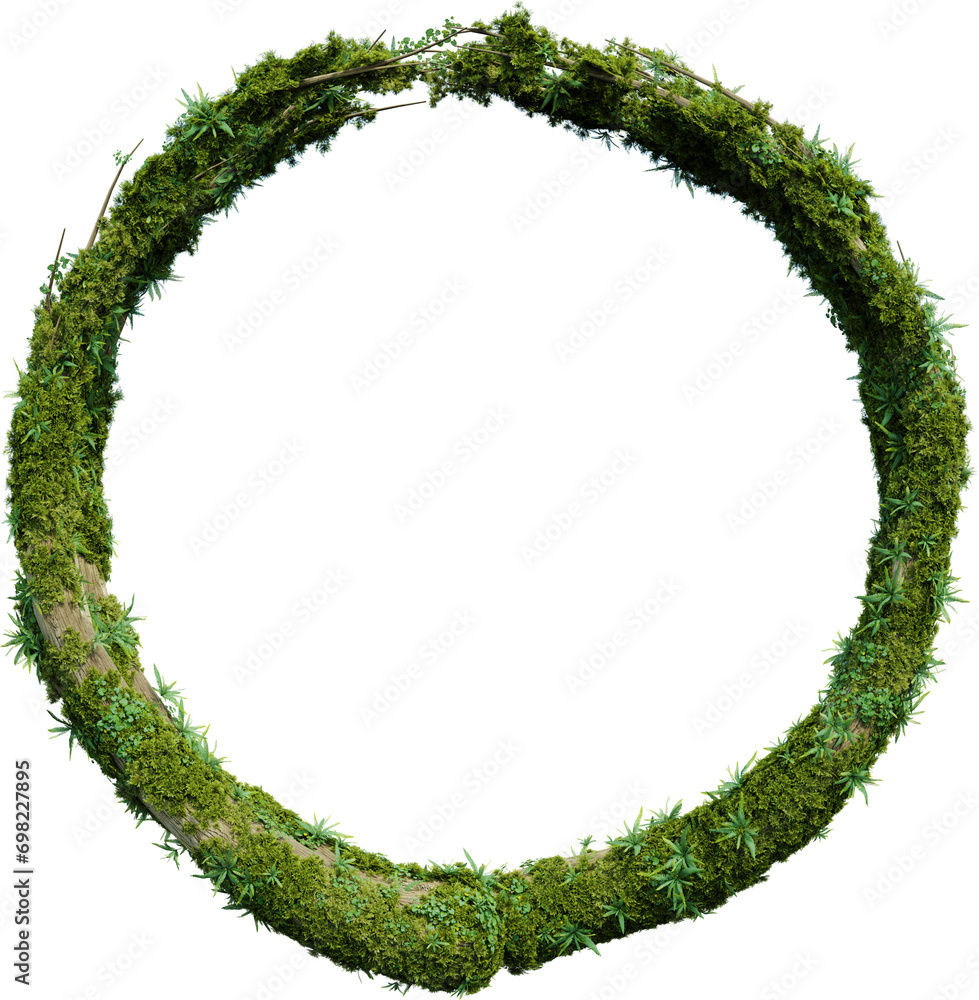 Poster tree-shaped alphabet covered with plant and moss. 3d rendering of isolated objects.