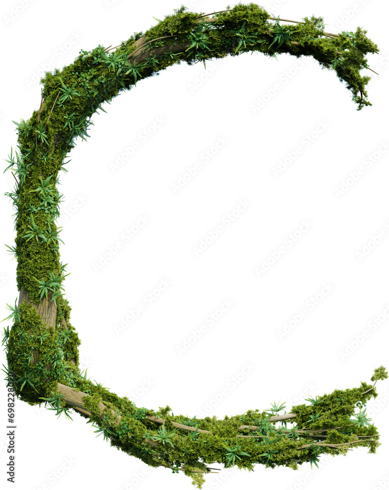 Poster tree-shaped alphabet covered with plant and moss. 3d rendering of isolated objects.