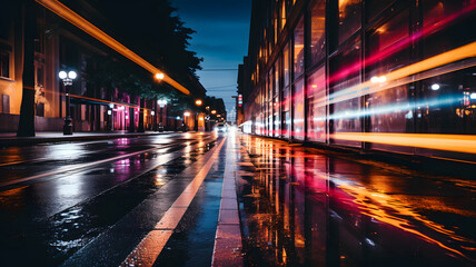 Abstract blurred colorful lighhts background in night city, bokeh shiny blurred glowing street cityscape