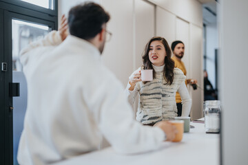Fototapeta premium Business colleagues in an office kitchen discussing and brainstorming ideas over coffee, creating a positive and collaborative atmosphere.