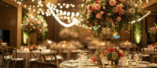 Traditional indoor wedding reception with floral decor and table arrangements.