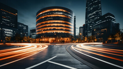 Obraz premium Abstract blurred colorful lighhts background in night city, bokeh shiny blurred glowing street cityscape