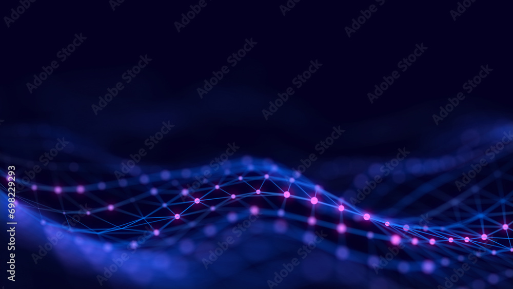 Poster abstract technology wave with dots and lines. flow of particles. big data transfer visualization. 3d