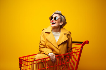 happy smiling woman with shopping cart on solid copy space background 