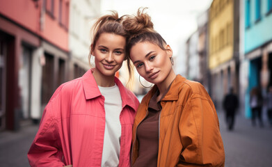 two fashionista young women standing on the street
