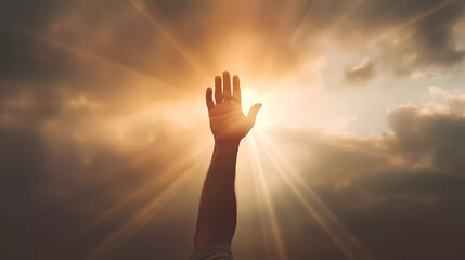 A person reaching for a cross with their hands in the air with the sun shining behind them and a person reaching for the cross