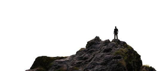Adventure Man Hiker standing on top of Mountain Peak. Cutout on White Background. 3d Rendering PNG - Powered by Adobe