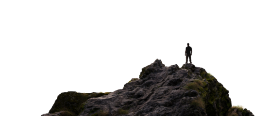 Adventure Man Hiker standing on top of Mountain Peak. Cutout on White Background. 3d Rendering PNG