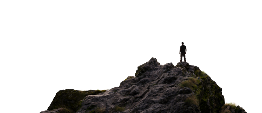 Adventure Man Hiker standing on top of Mountain Peak. Cutout on White Background. 3d Rendering PNG