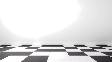 A white wall with a black and white floor and a white wall with a black and white floor and a white wall