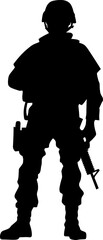 vector silhouette of a soldier in armour with a gun. AI generated illustration.