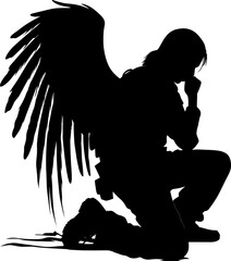 Military angel soldier with wings kneeling silhouette vector. AI generated illustration. - obrazy, fototapety, plakaty