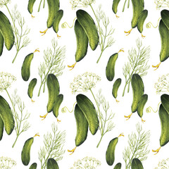 Cucumbers. Seamless pattern of green fresh vegetables and aromatic herbs. Gardening and cooking. Watercolor illustration of summer harvest. For background design, textiles, packaging - obrazy, fototapety, plakaty
